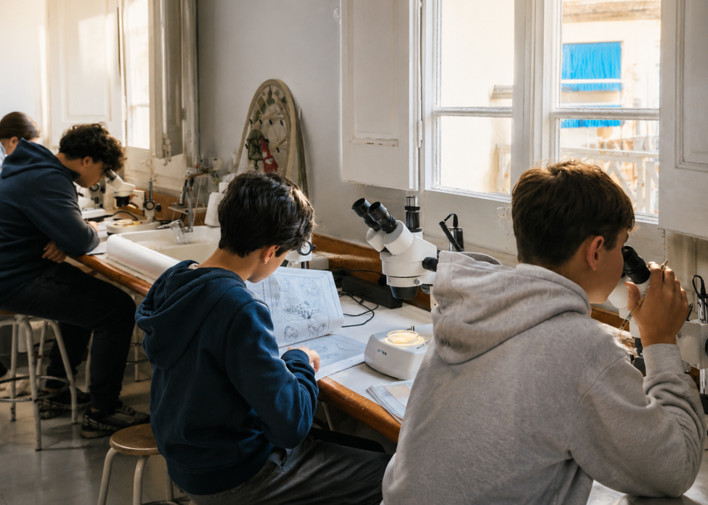 laboratorio científico con estudiantes concentrados